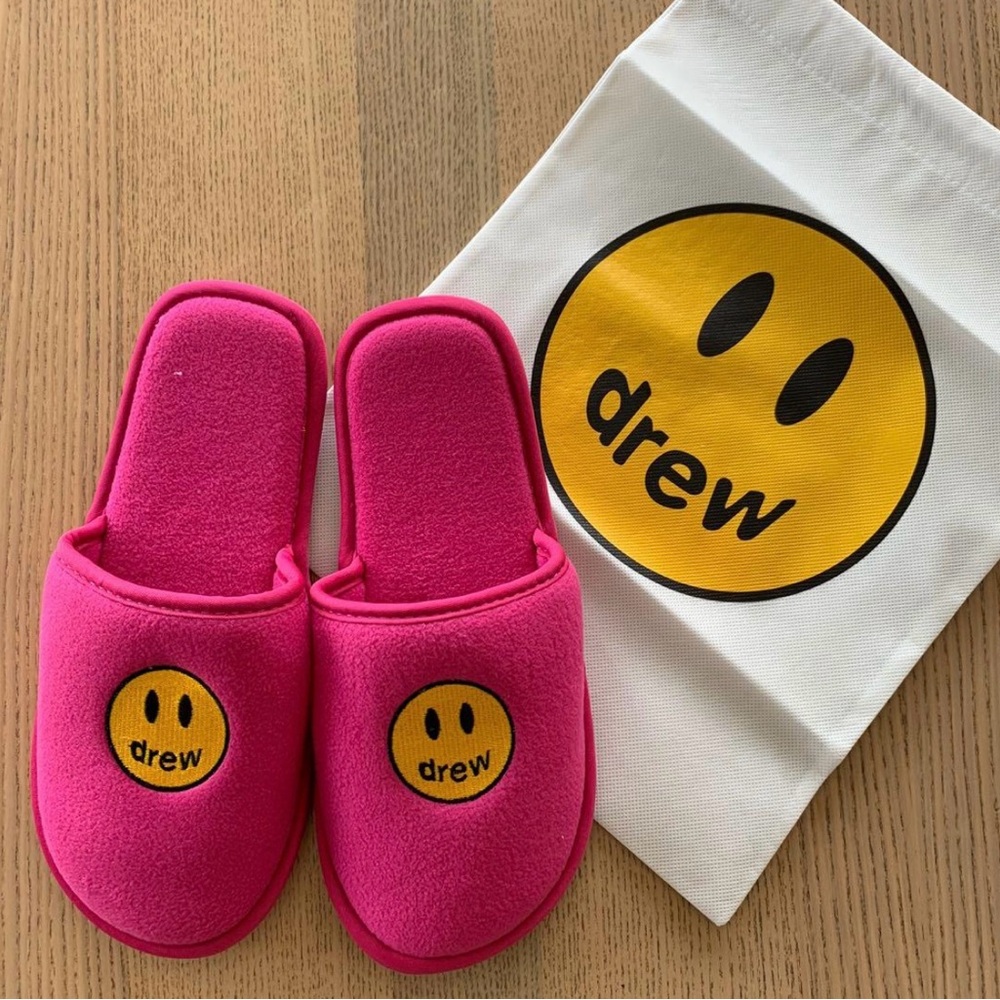 Women’s size L/XL Drew House slippers mascot face magenta Justin Bieber slides